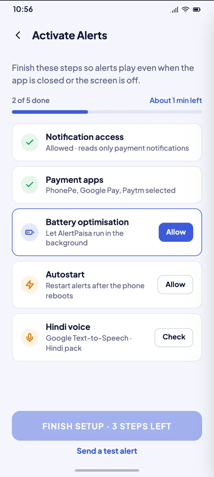 Activate alerts checklist with notification access, payment apps, battery, autostart and voice.