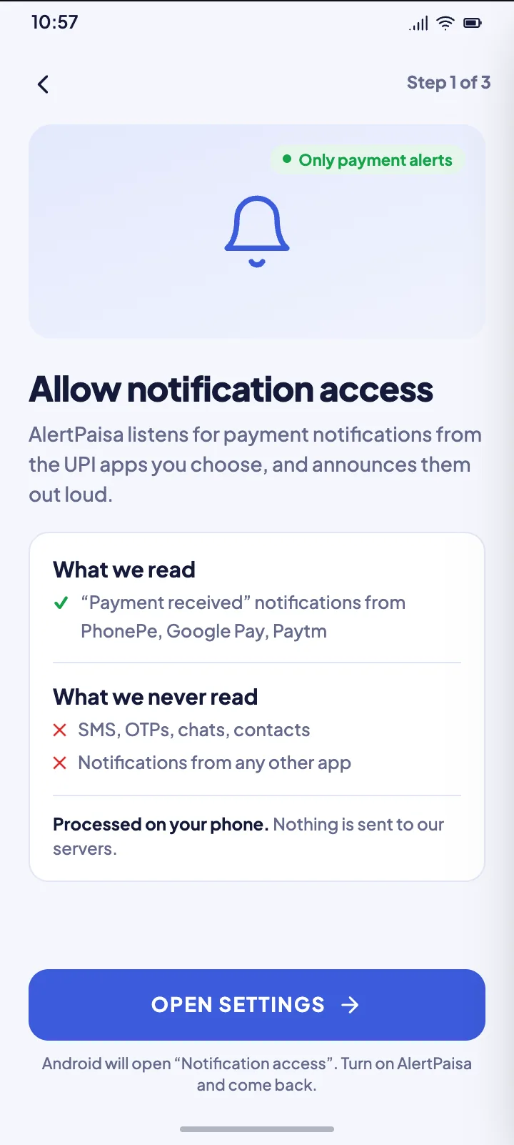 Notification access explainer listing what AlertPaisa reads and never reads.