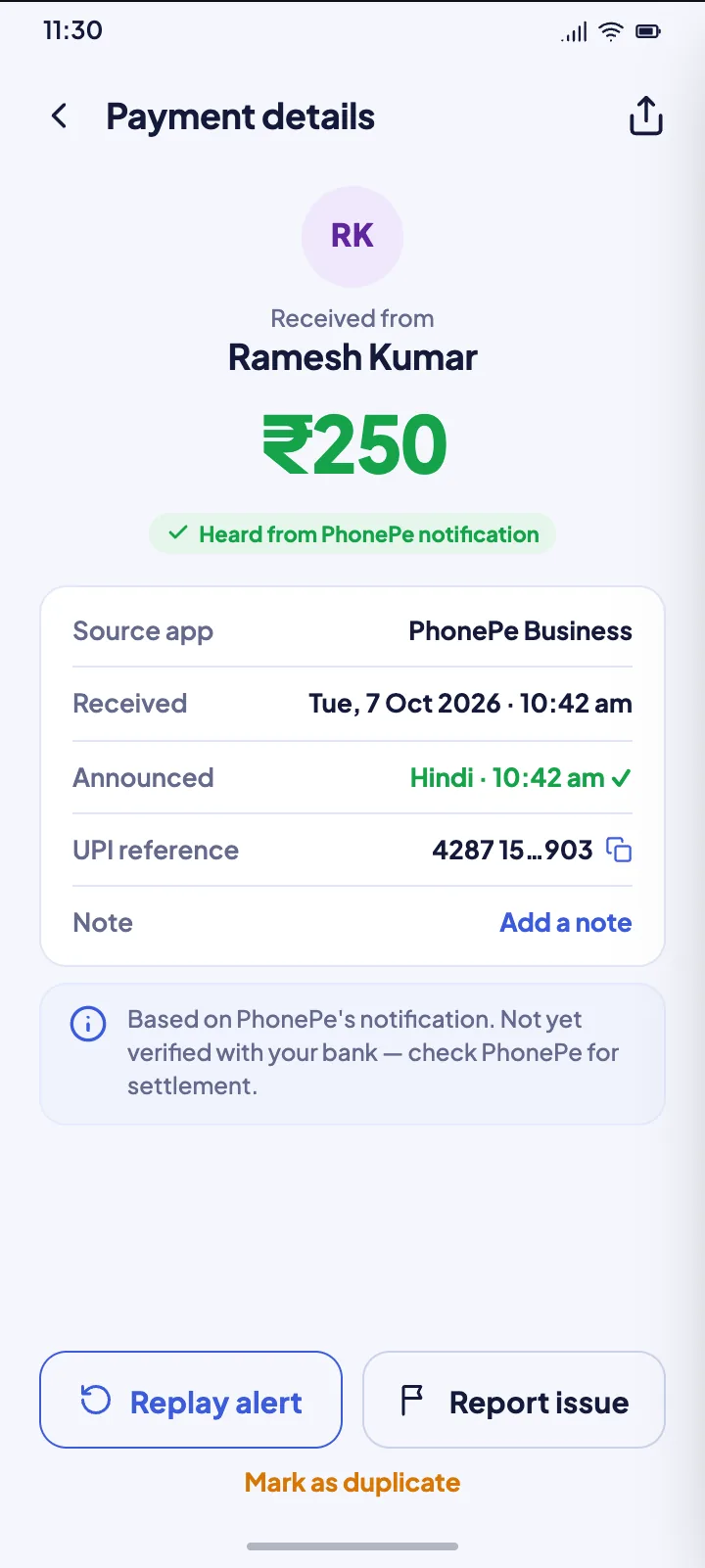 Payment details screen showing source, received and announced times, a not-yet-verified-with-bank note, replay and mark duplicate actions.