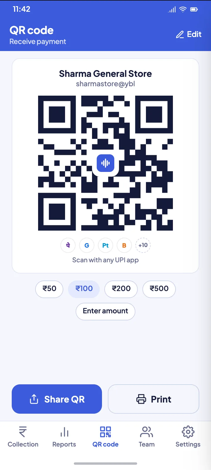 QR code screen with amount presets and Share and Print buttons.